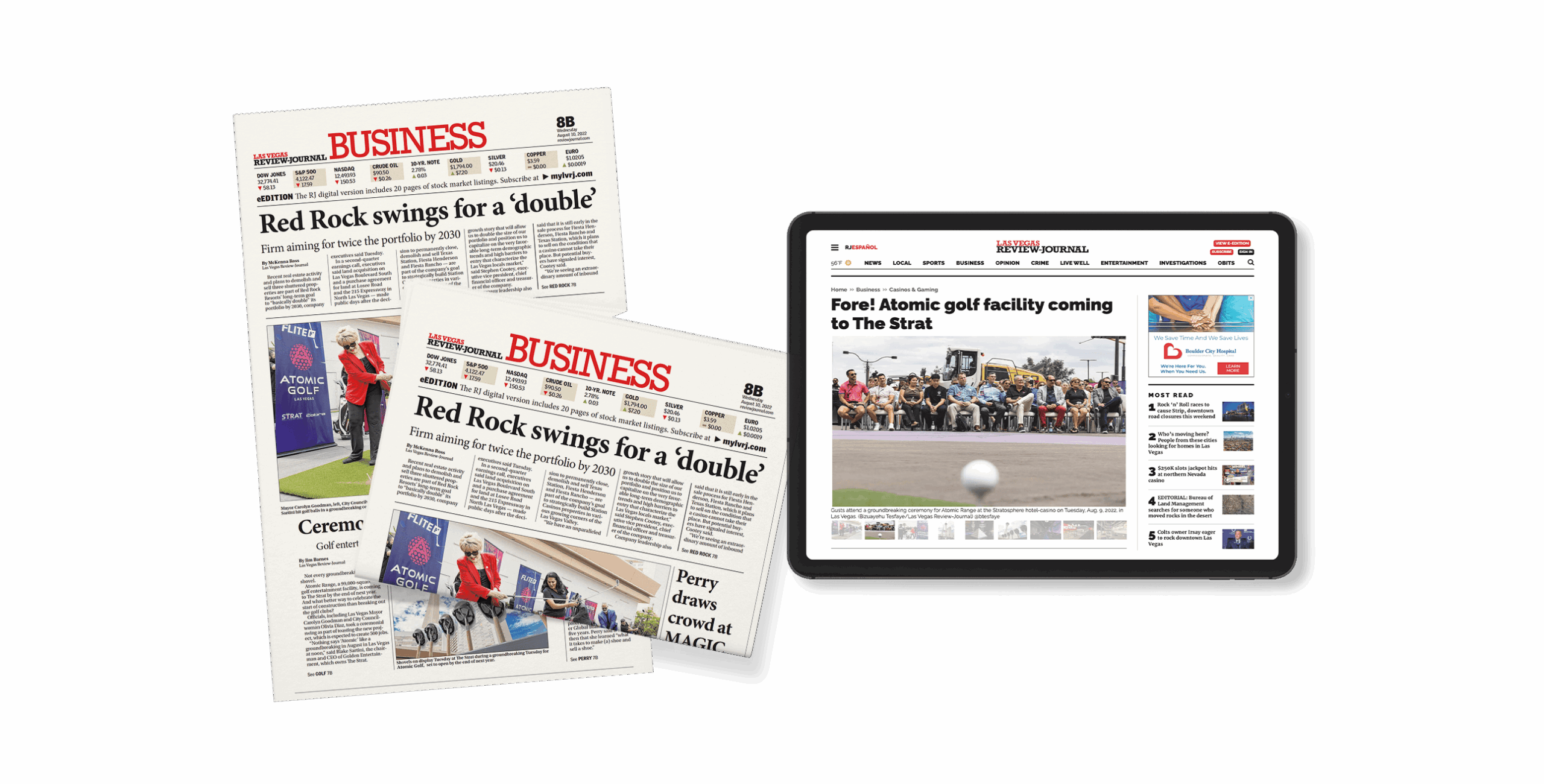 Two business newspapers and a tablet display news about Red Rock and an atomic golf facility at The Strat.