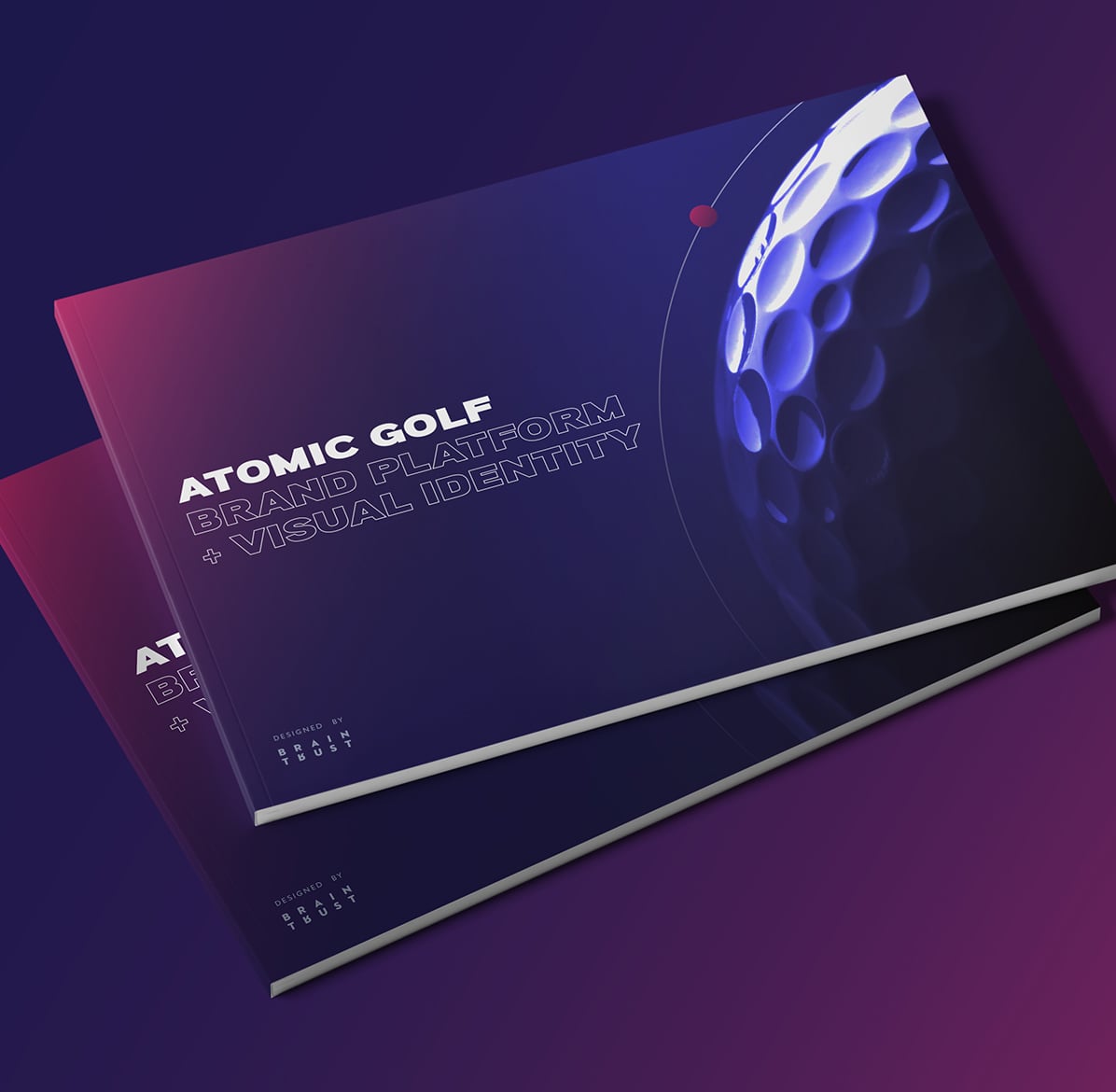 Two Atomic Golf brand platform booklets with a golf ball design and modern purple gradient background.