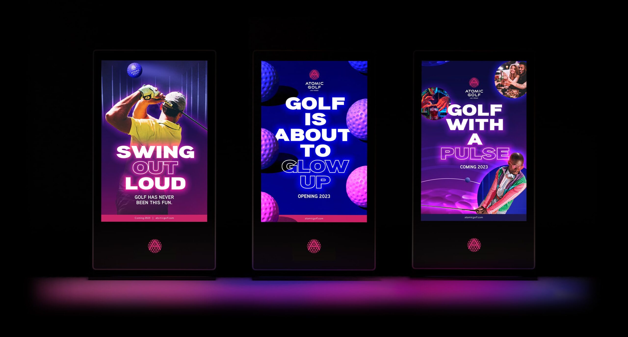 Three colorful digital screens display vibrant golf-themed advertisements with neon accents and bold text.