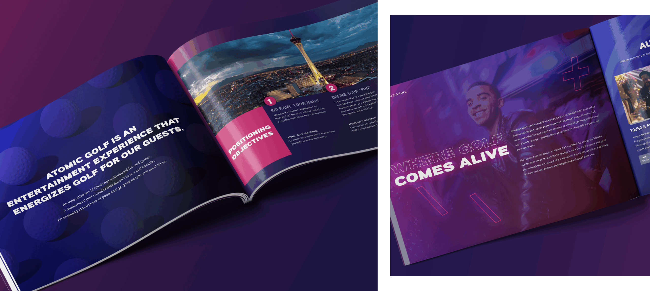 Open brochures with vibrant colors, golf-themed graphics, and energetic text about an entertainment golf experience.