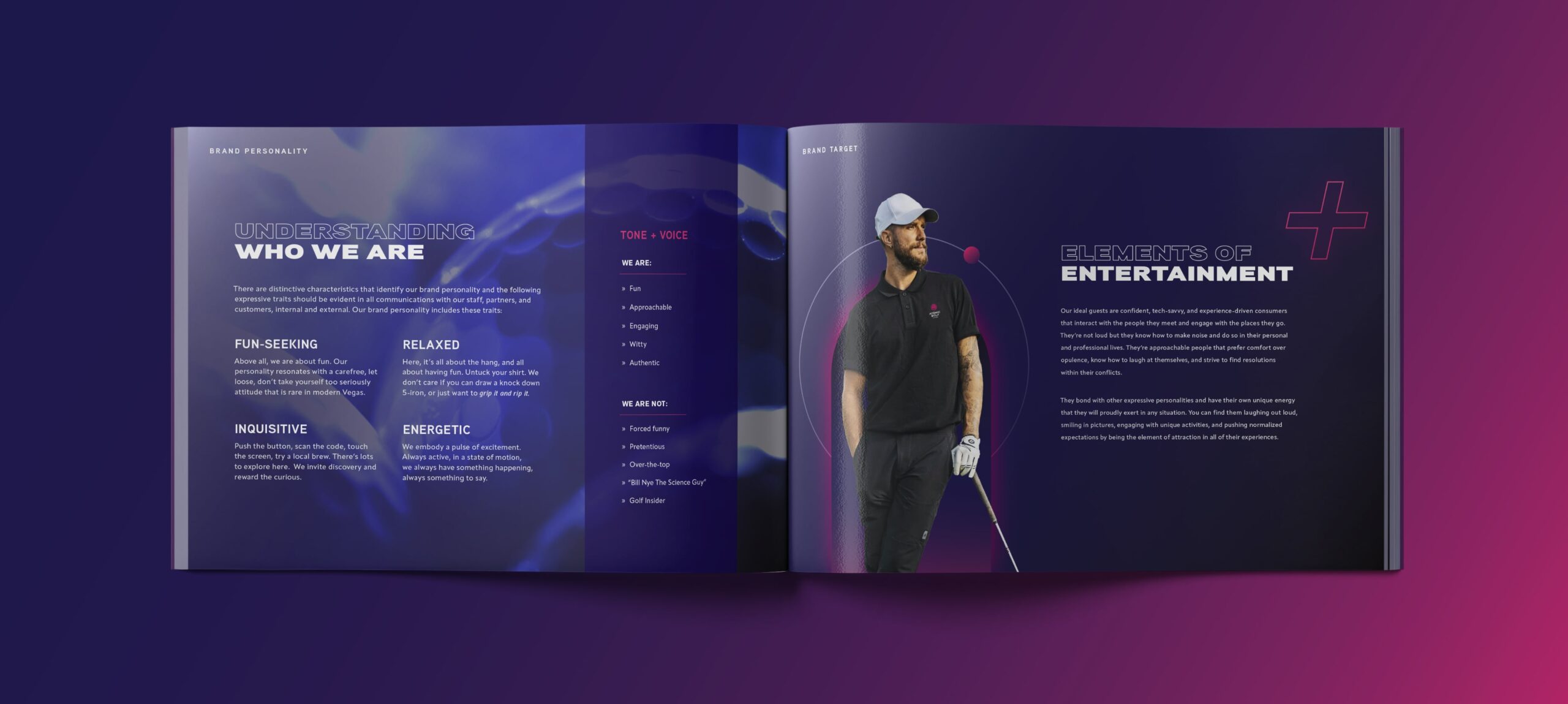 A brand guideline spread featuring text about brand personality and a man in golf attire holding a club.