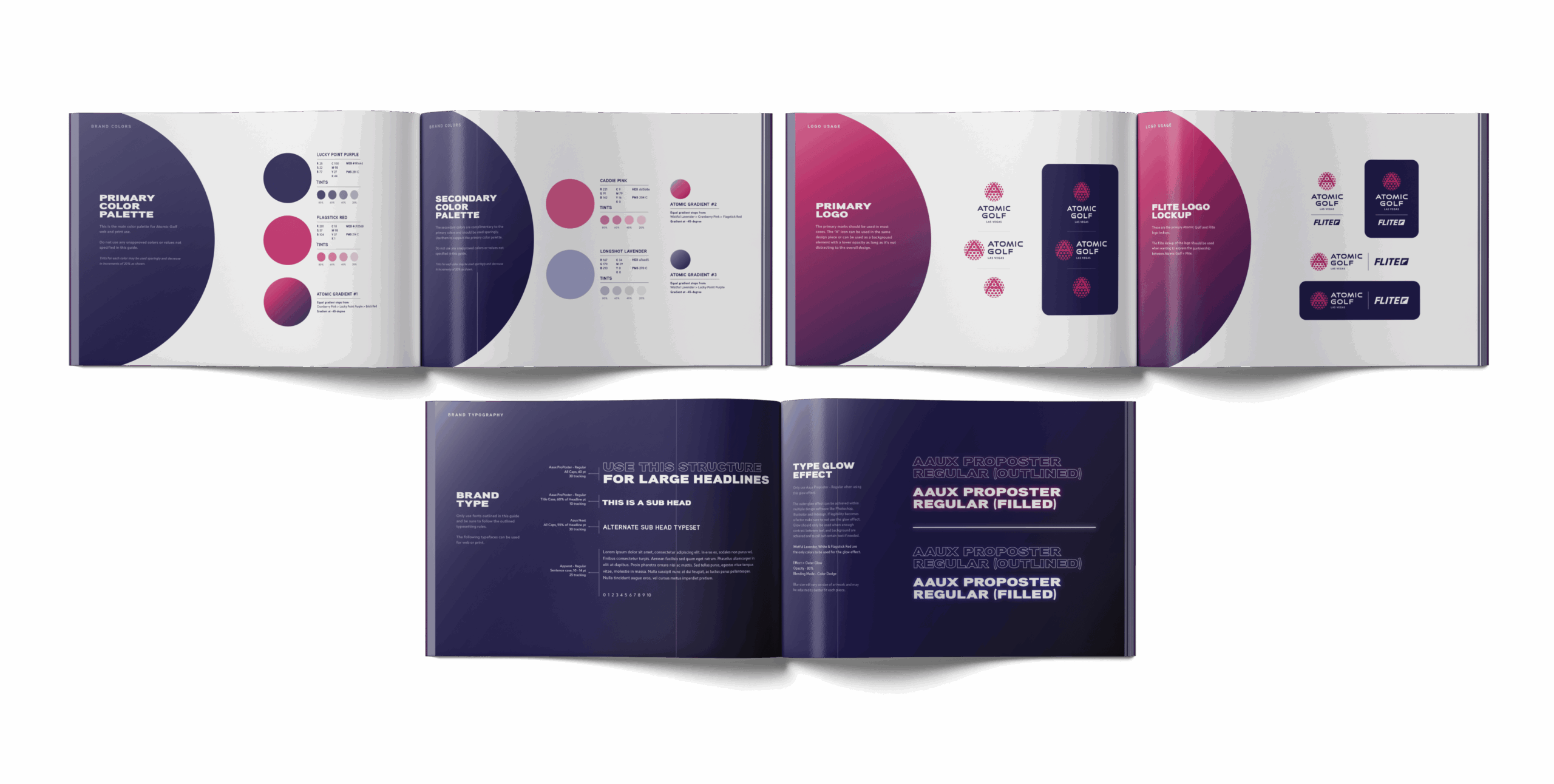 Open brand guidelines booklet showing color palettes, logos, fonts, and style specifications in purple and pink tones.