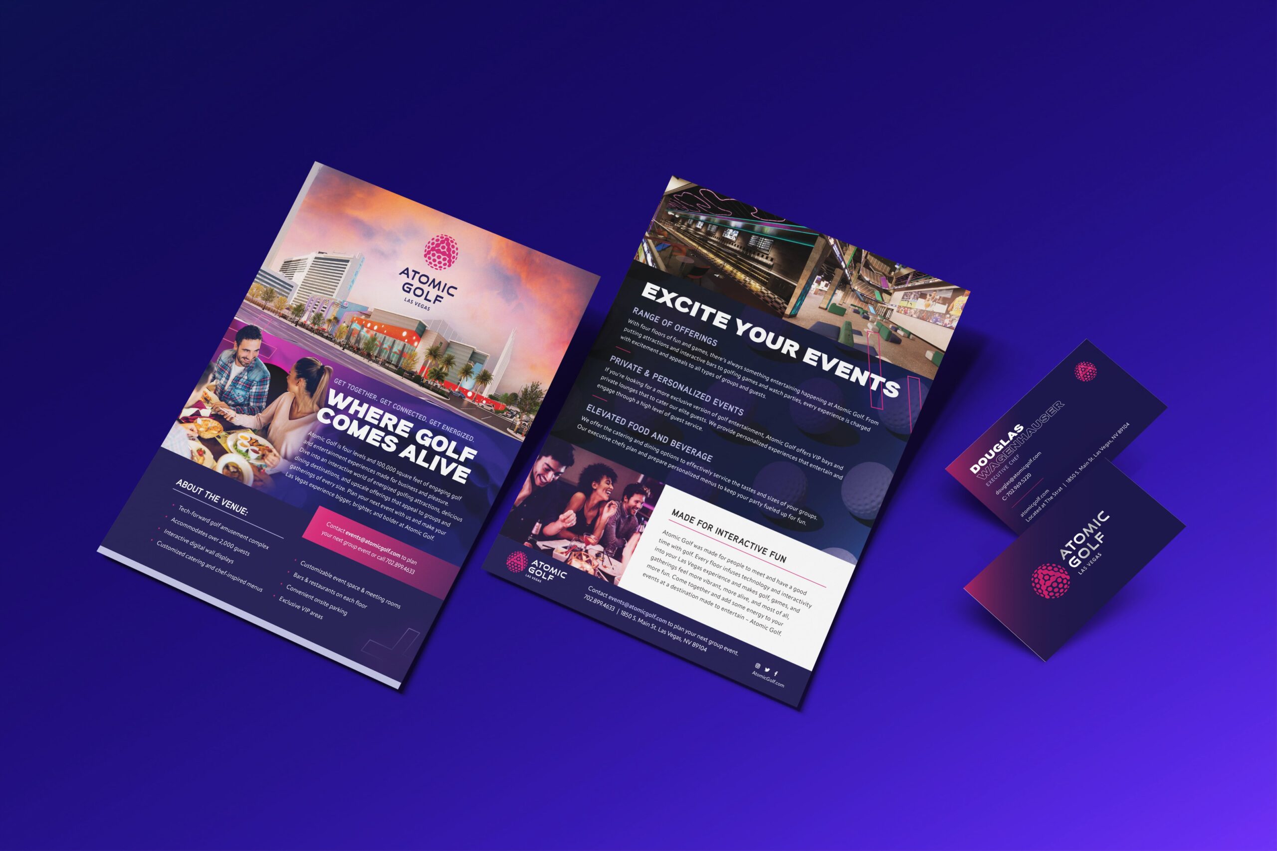 Atomic Golf flyers and business cards displayed on a purple gradient background.