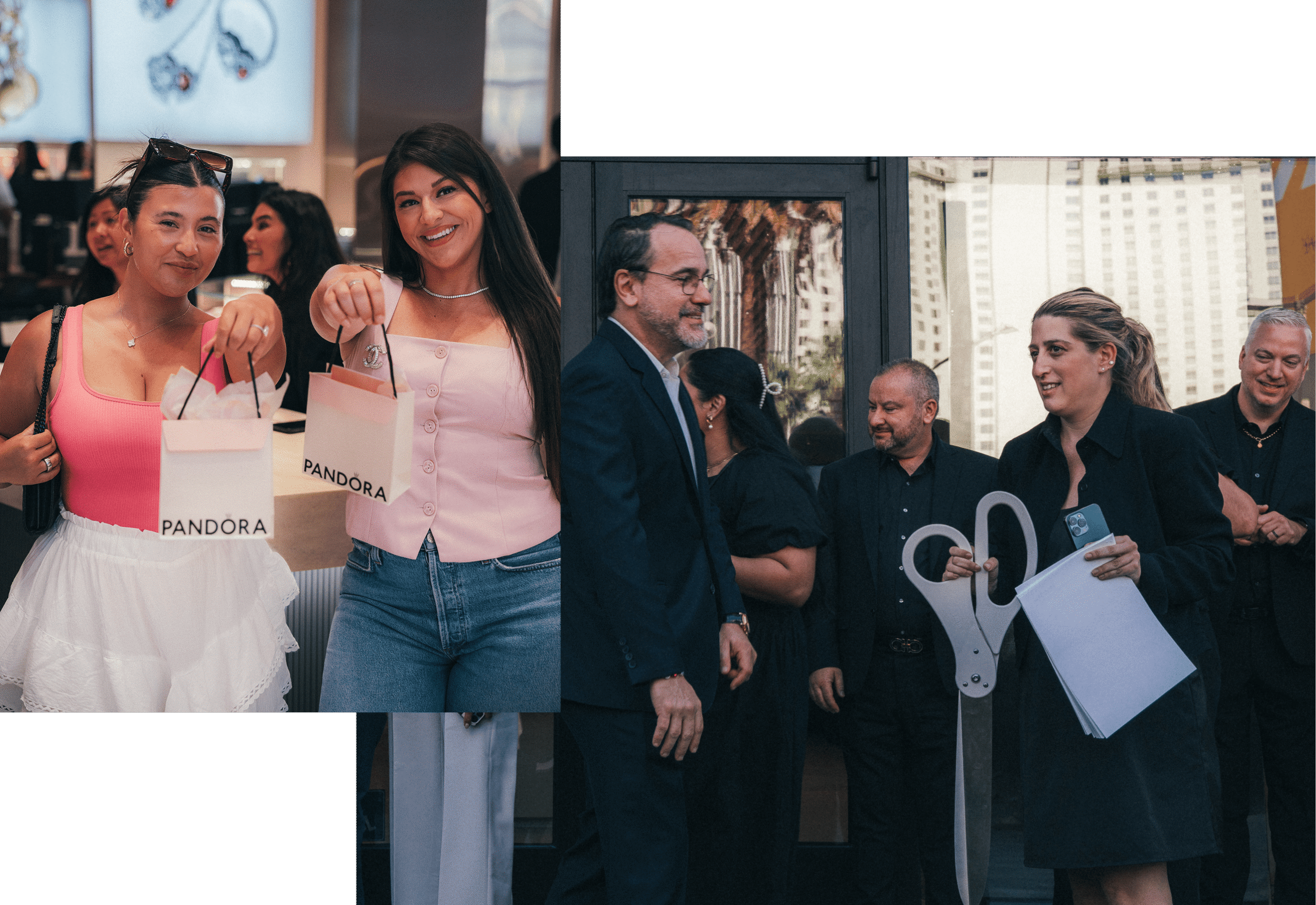 Two women hold Pandora bags; people gather outside with large scissors for a ribbon-cutting event.