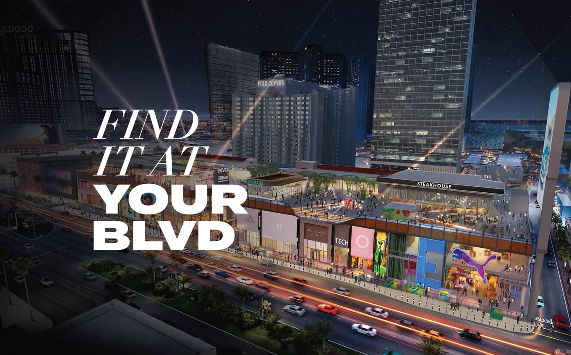 Night cityscape with colorful lights, shops, and FIND IT AT YOUR BLVD text in bold white lettering.