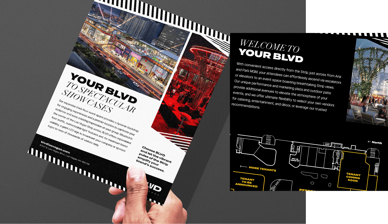 Two hands holding stylish brochures with photos, maps, and text about a place called YOUR BLVD.