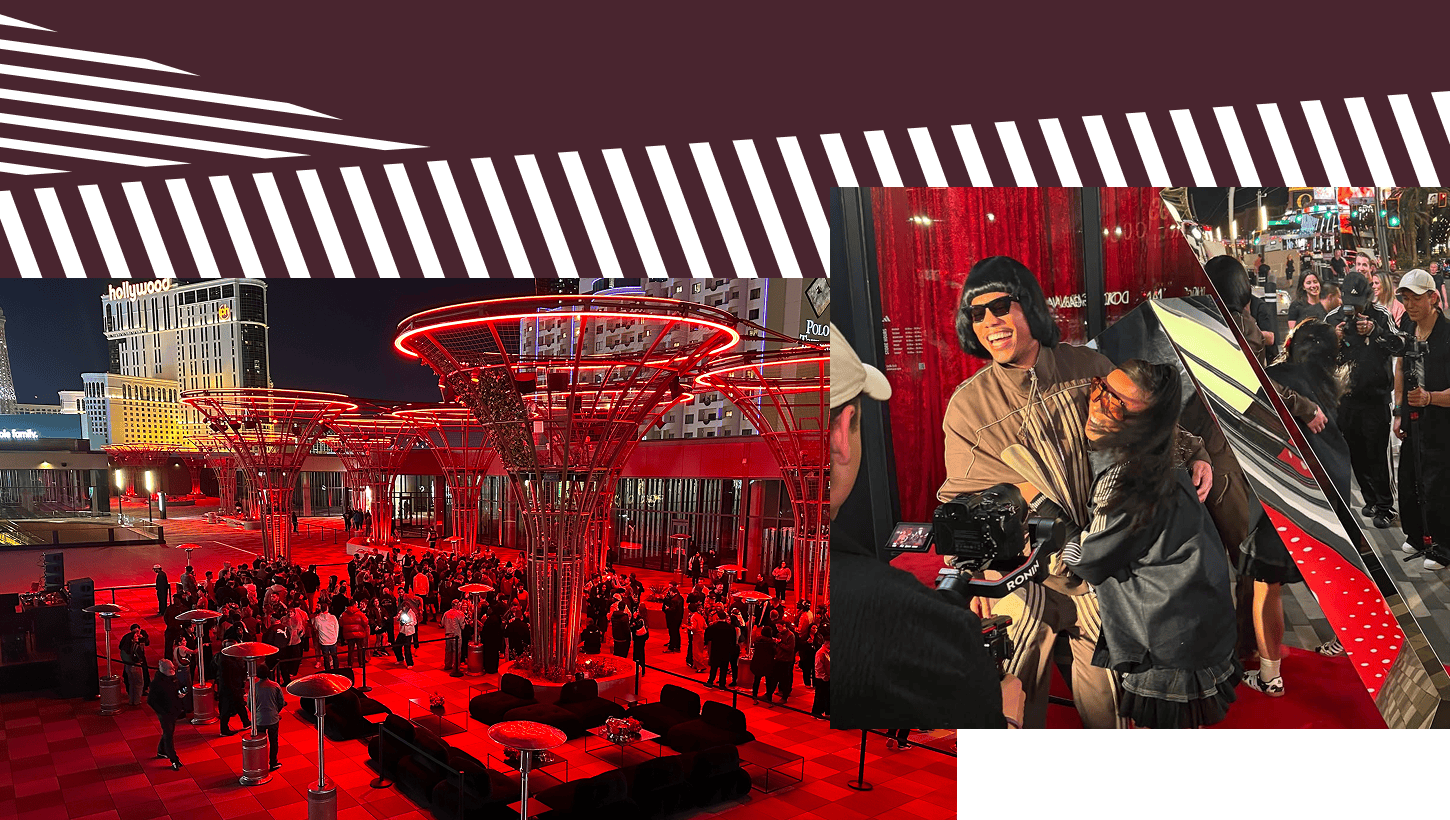A crowd gathers under red lights outdoors; inset shows people greeting and filming on a red carpet at night.