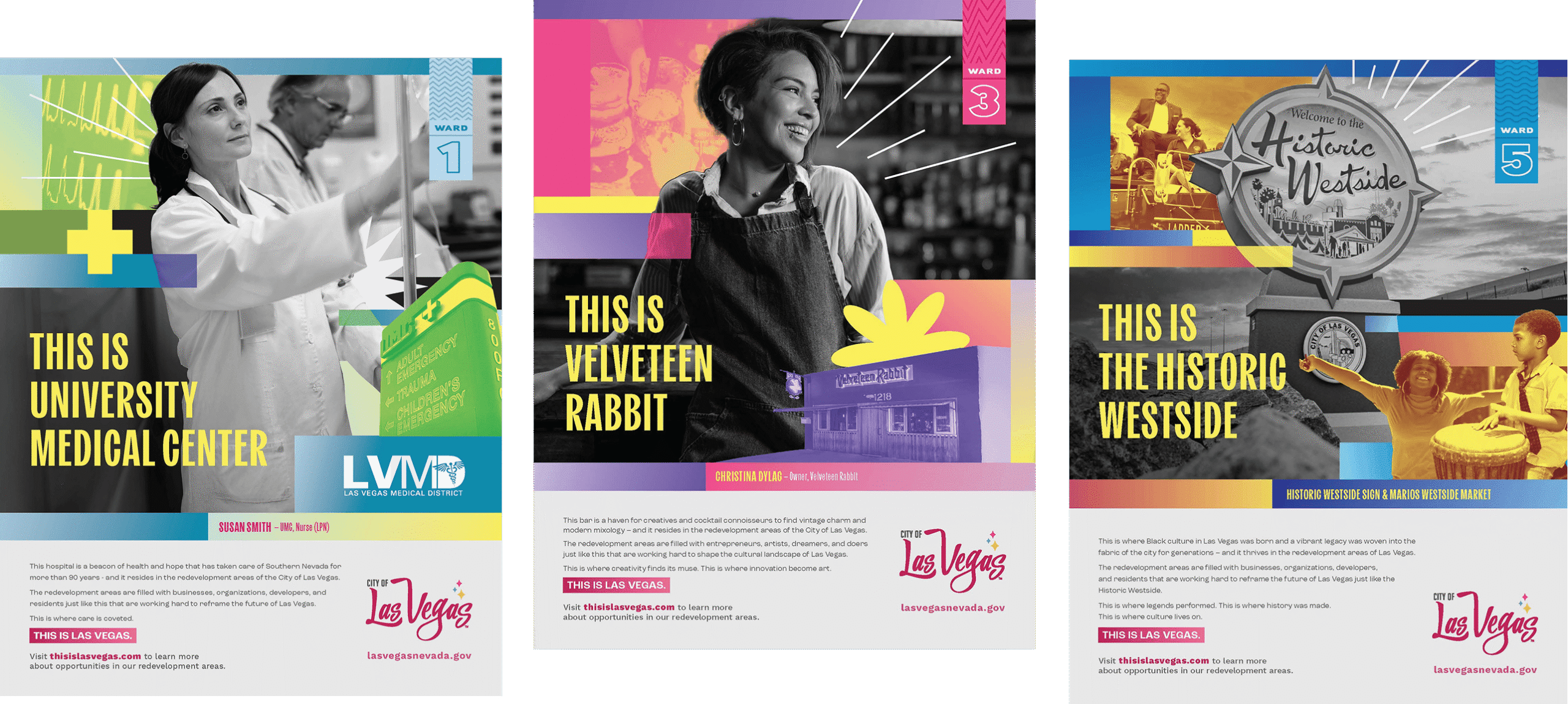 Three informational posters for Las Vegas redevelopment wards featuring local people, landmarks, and descriptions.