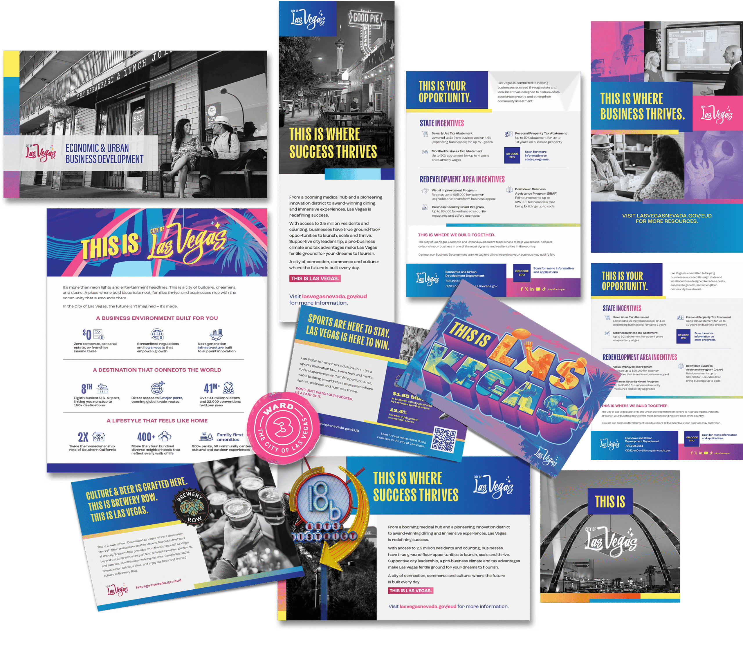 A collage of marketing materials for the City of Las Vegas Economic and Urban Development department.