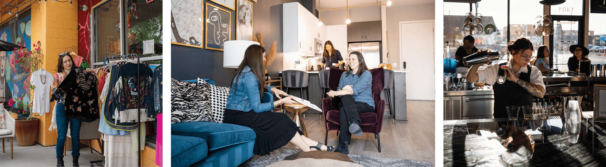 A collage showing a person shopping in a boutique, two women talking in a living room, and a bartender shaking a drink.