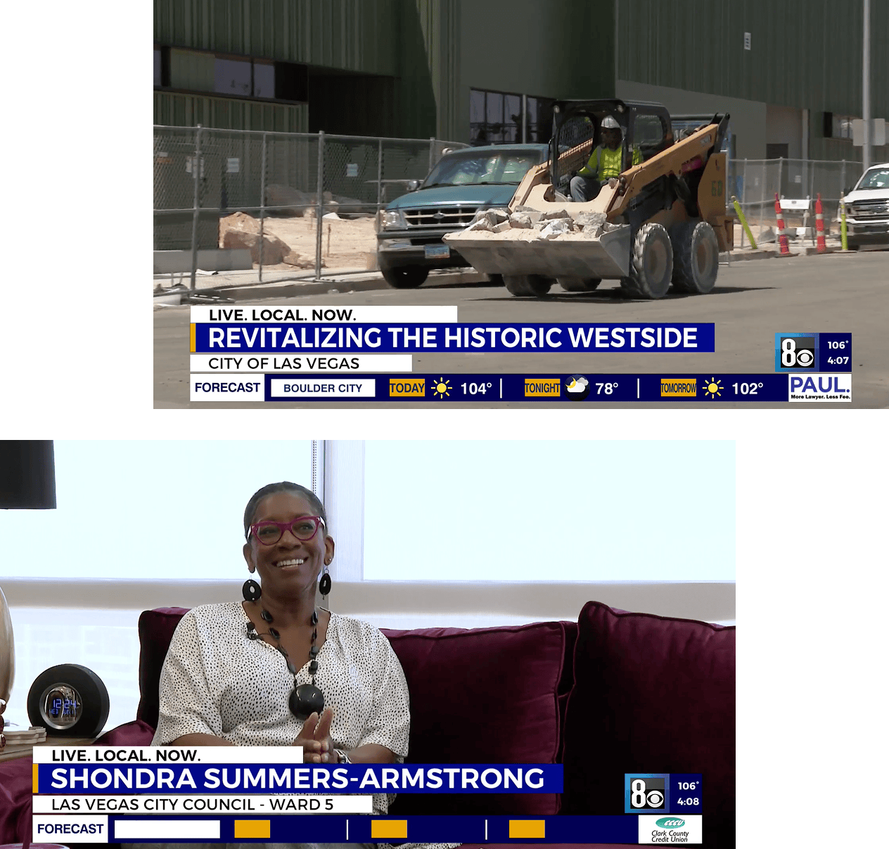 A construction vehicle moves rubble on a street, and City Councilwoman Shondra Summers-Armstrong smiles on a sofa.