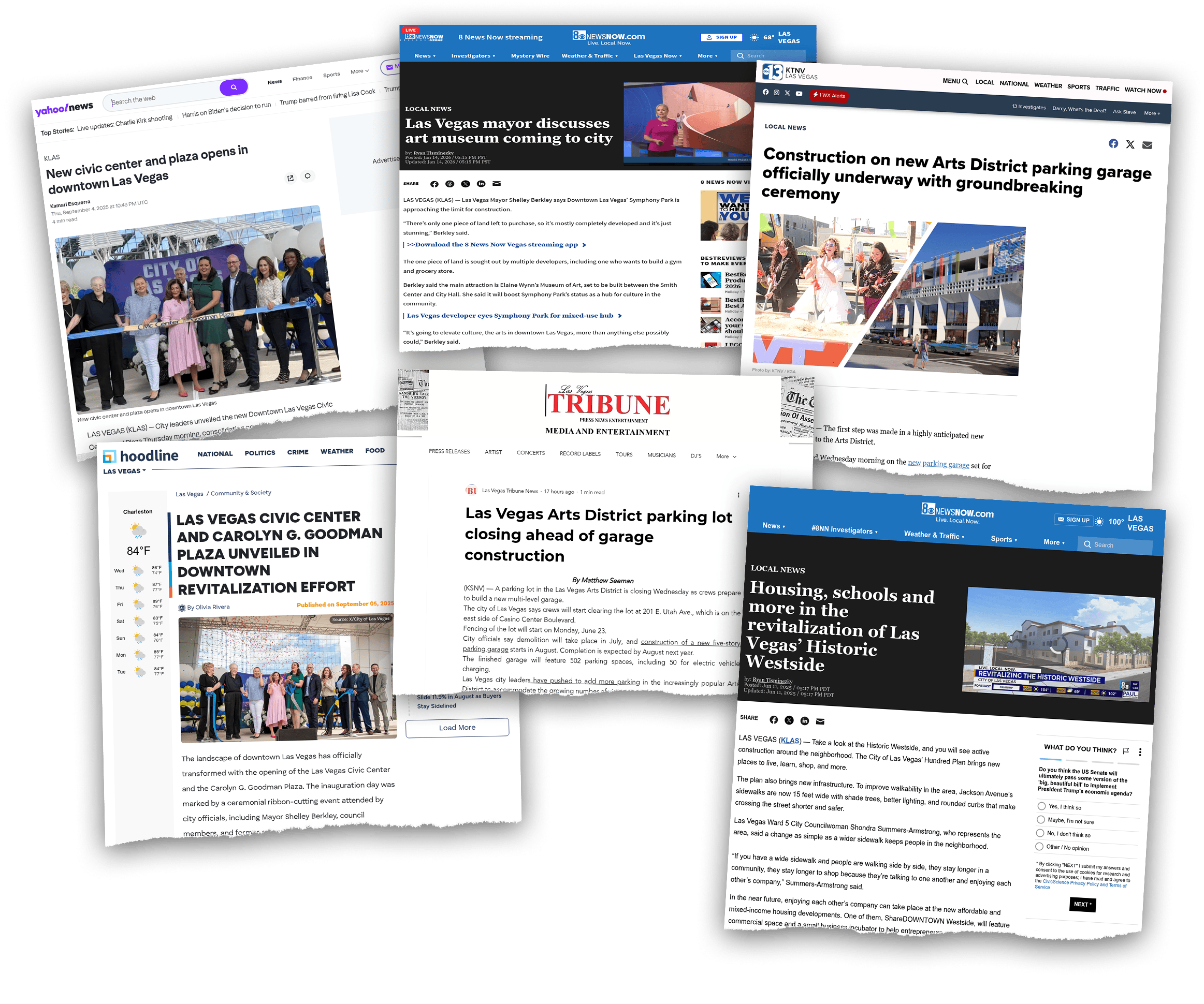 A collage of various online news articles and website headers covering developments in Las Vegas.