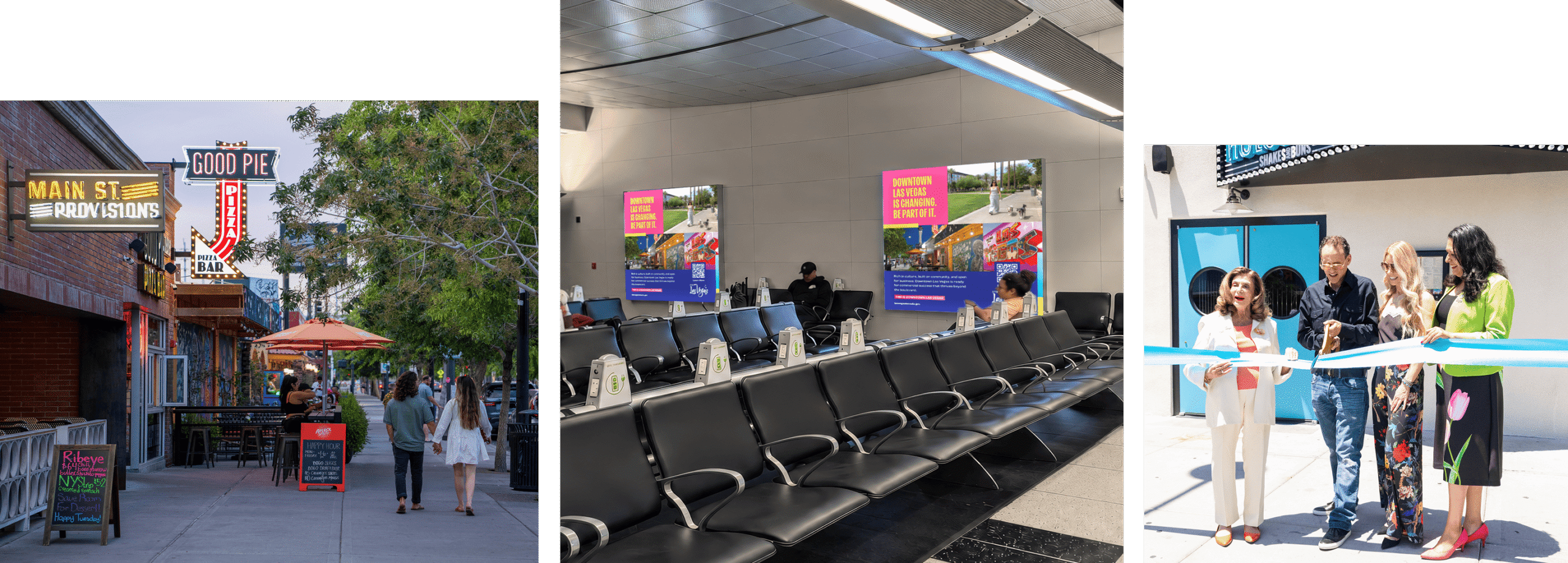 Three images showing a pizza restaurant exterior, an airport seating area with advertisements, and a ribbon-cutting ceremony.