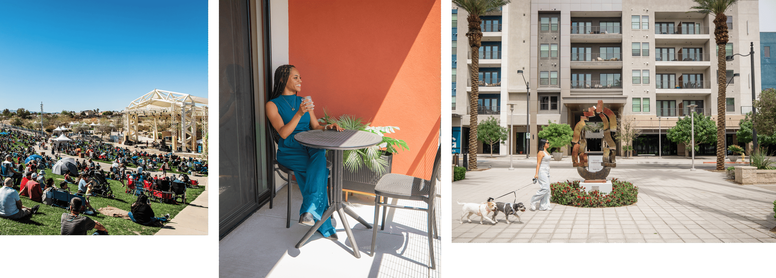 A collage showing an outdoor concert, a woman on a balcony, and a woman walking two dogs by an apartment building.
