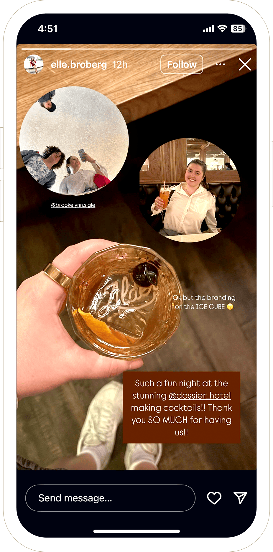 A hand holds a cocktail; photos of two women and a bartender with drinks are shown above.