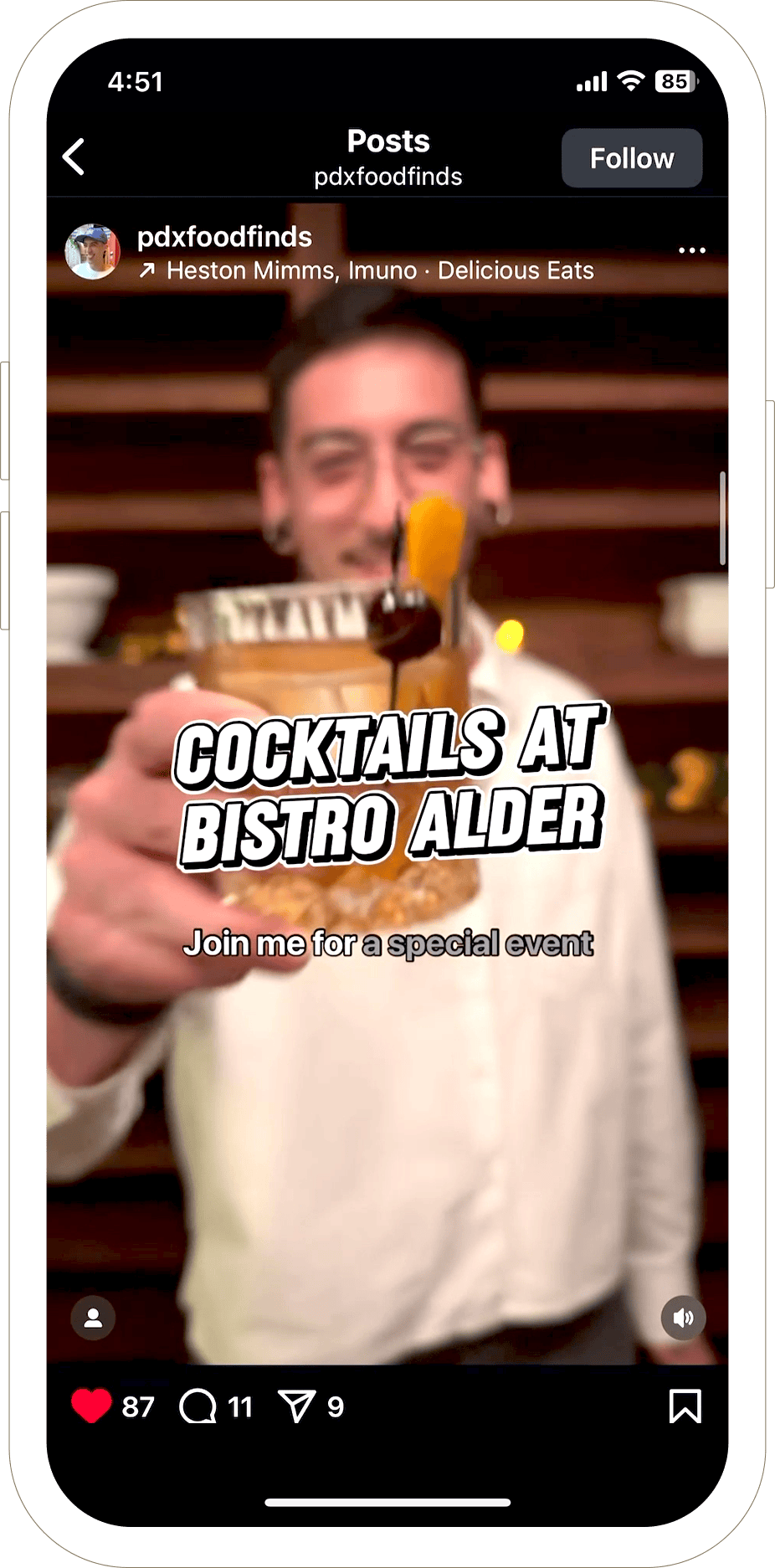 A bartender holds a cocktail toward the camera with text: “COCKTAILS AT BISTRO ALDER.