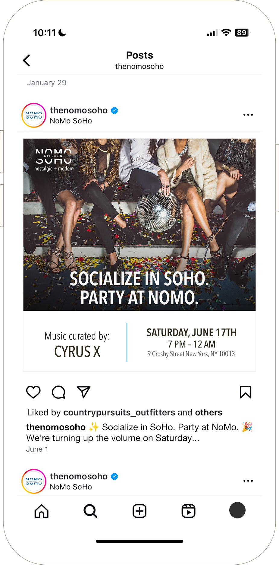 Instagram post showing people dancing at a party with a disco ball and event details for a SoHo party at NoMo.