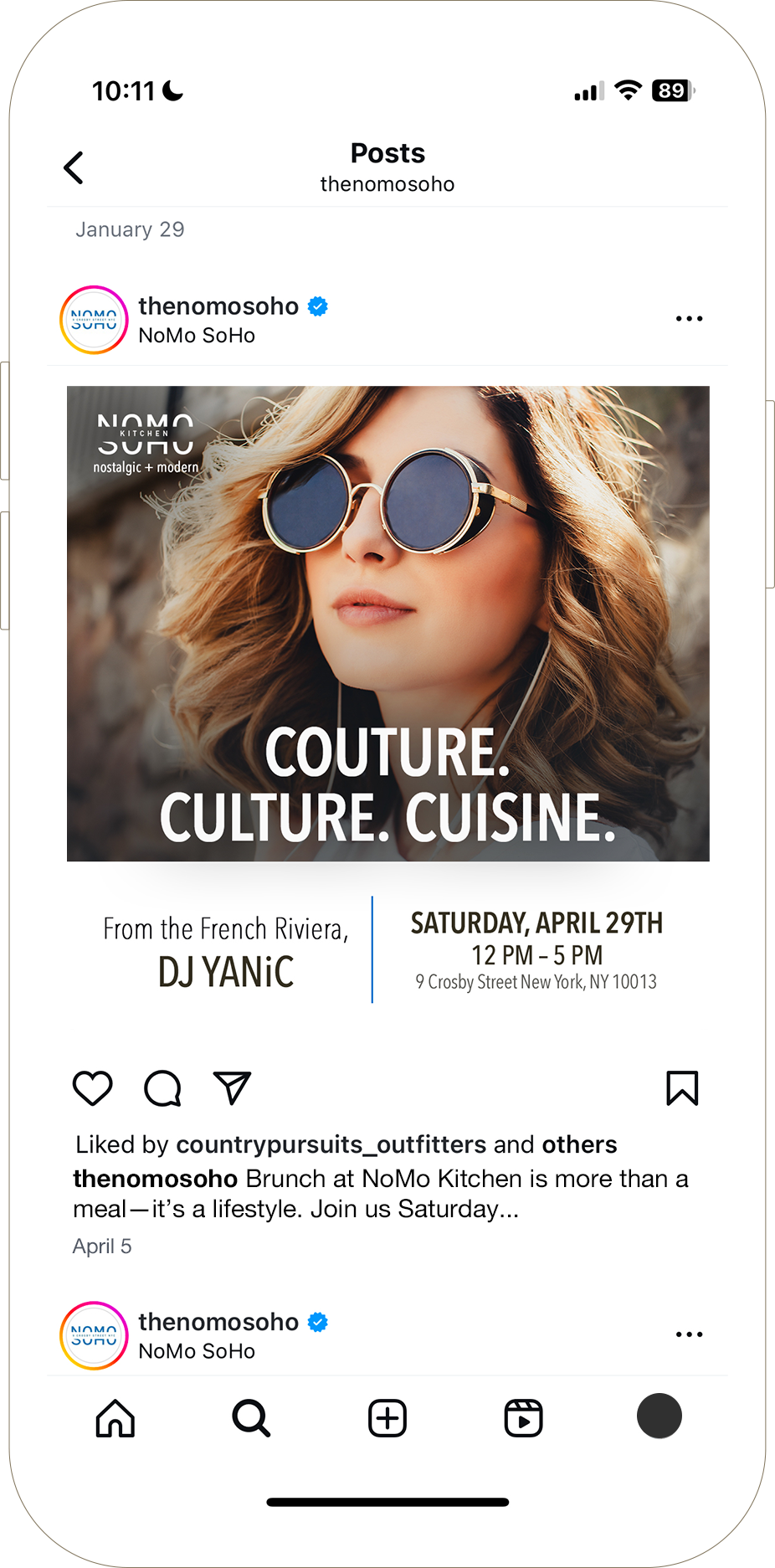 Woman in sunglasses on event poster for COUTURE. CULTURE. CUISINE. at NoMo SoHo, April 29, 12–5 PM.