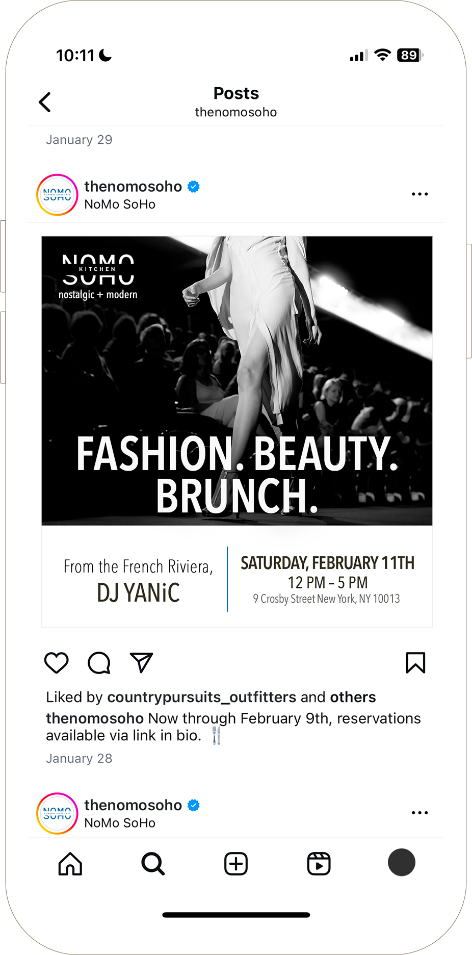 A woman walks a runway at a fashion show; event details for Fashion. Beauty. Brunch. overlay the image.