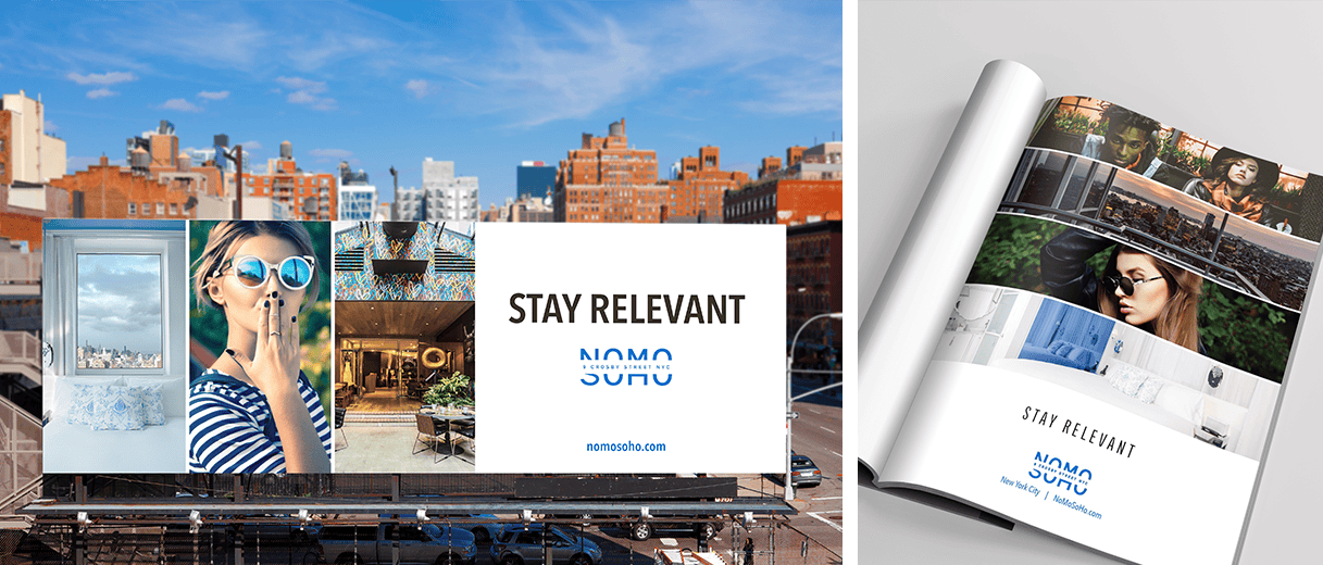 Billboard and magazine ad with Stay Relevant text, cityscape, and stylish lifestyle images.
