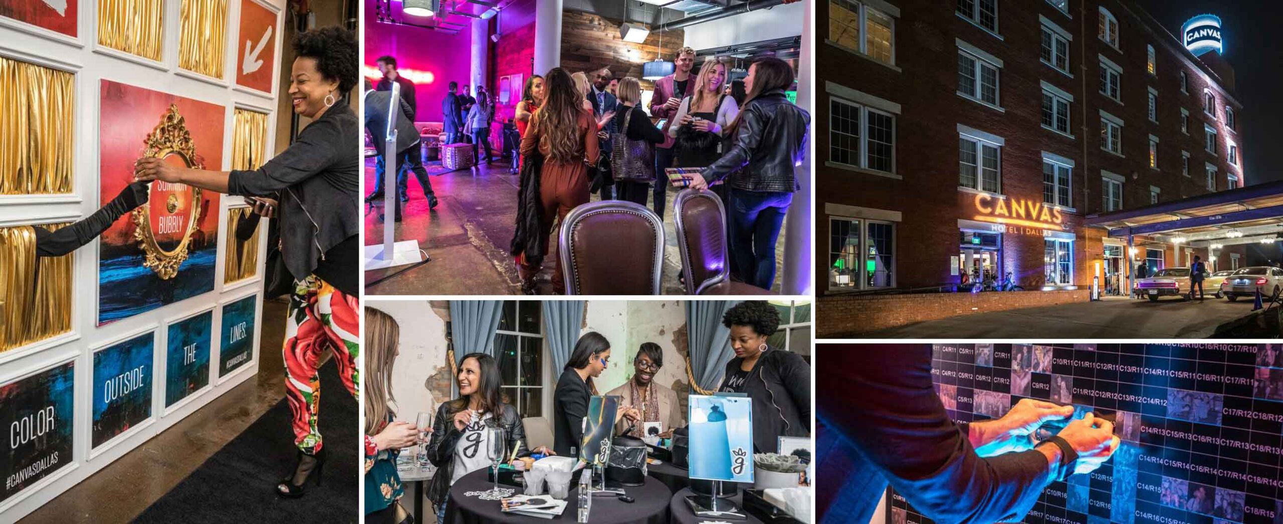 Collage of people enjoying an art event, including painting, mingling, and an exterior shot of Canvas Hotel at night.