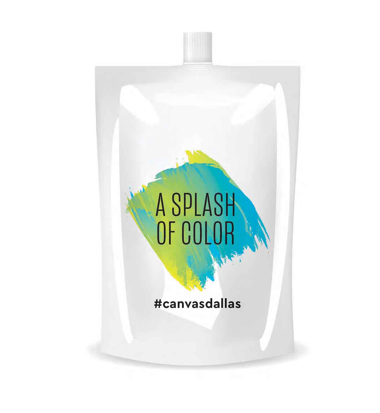 White pouch with a colorful paint splash and the words A SPLASH OF COLOR and #canvasdallas on the front.