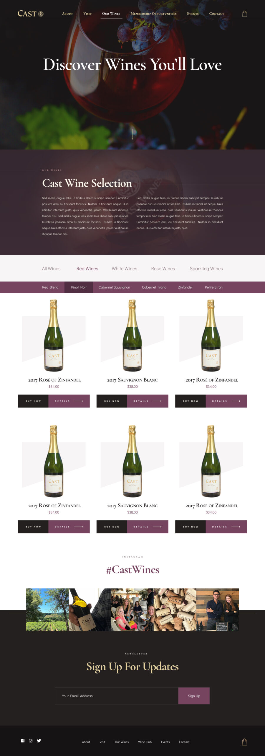 A winery website page displaying wine selections with images of wine bottles and product details.