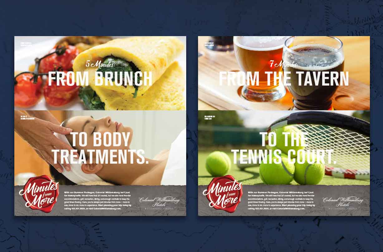 Two promotional ads: one with brunch and spa treatment, the other with drinks and a tennis racket and ball.