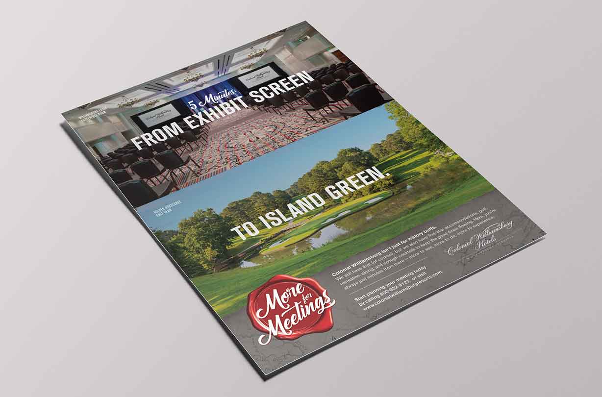 Flyer showing a conference room at the top and a golf course at the bottom, with text promoting meetings.