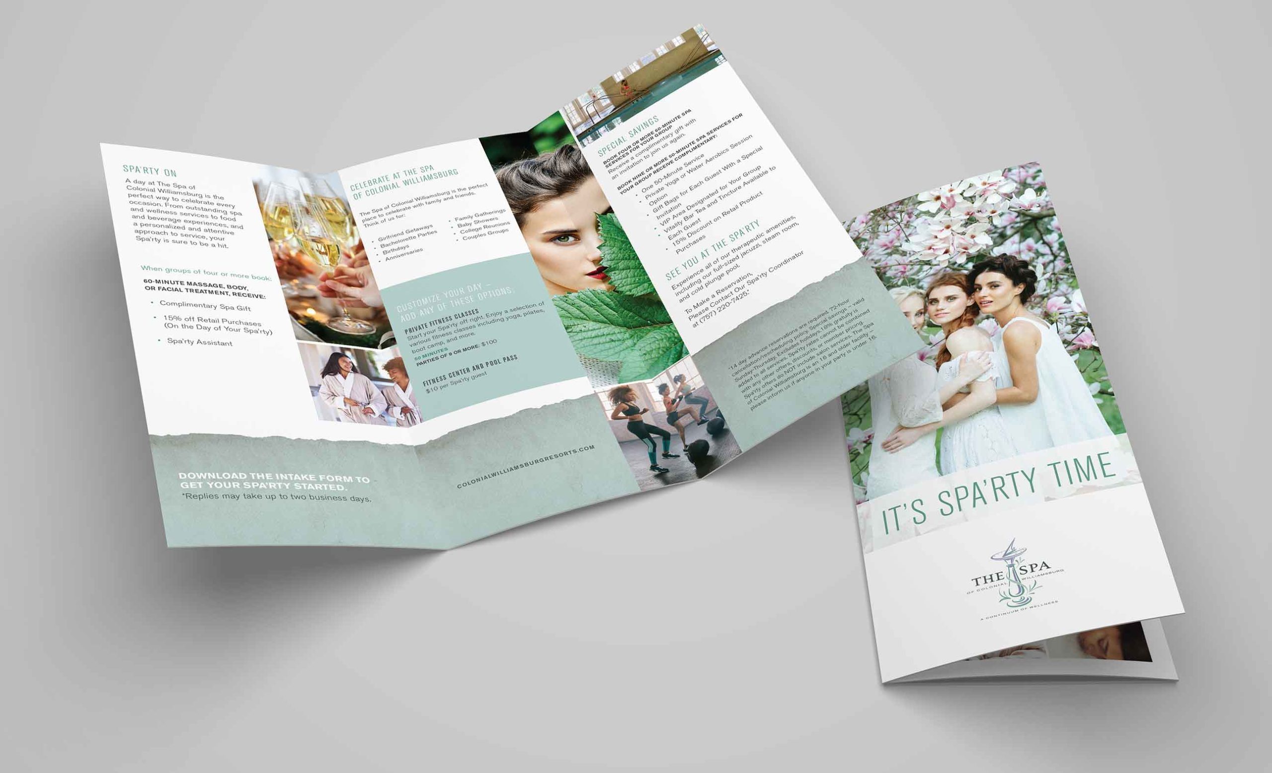 Spa brochure with images of women, spa treatments, and text, titled ITS SPARTY TIME on the cover.