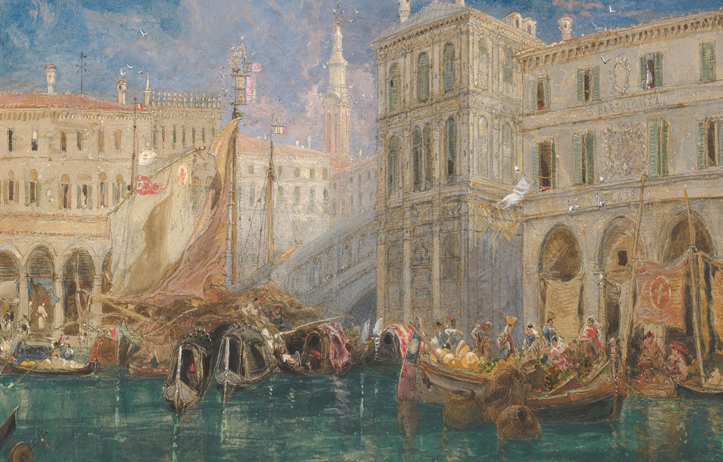 Colorful boats crowd a lively Venetian canal with ornate buildings and people under a bright, sunny sky.