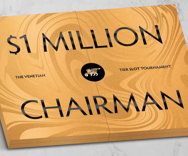 Gold invitation with $1 Million Chairman and The Venetian Tier Slot Tournament in bold black letters.