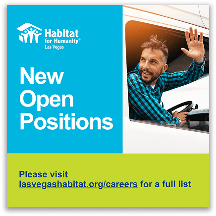 Man waving from vehicle; “New Open Positions” text for Habitat for Humanity Las Vegas careers.
