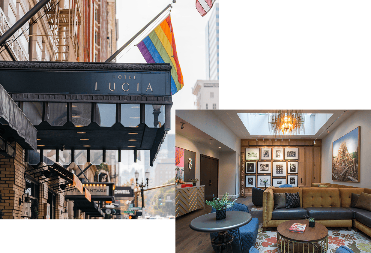 Hotel Lucia entrance with a rainbow flag, and a cozy lobby with art-filled walls and modern furniture.
