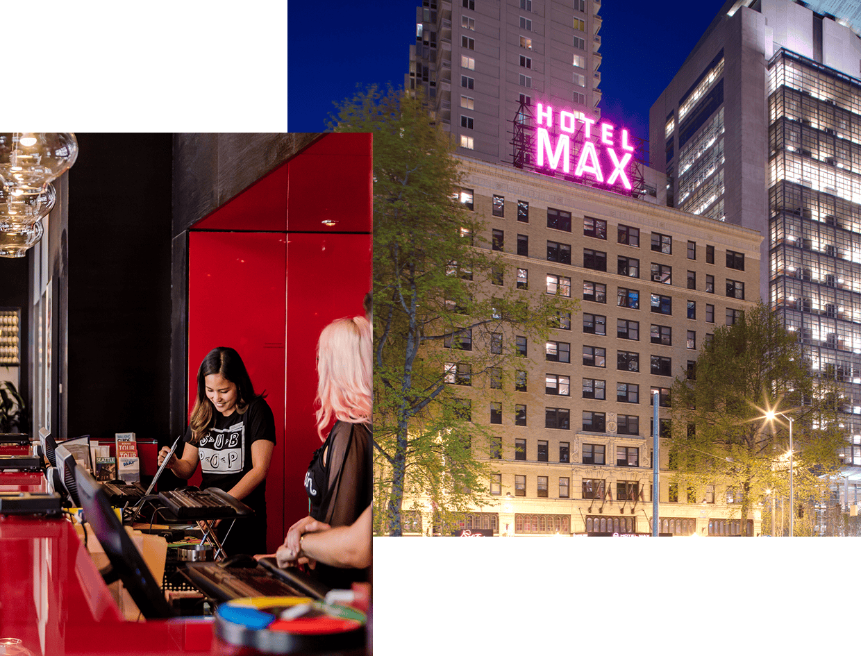 Hotel Max building at night and two women at a modern, red-lit hotel reception desk.