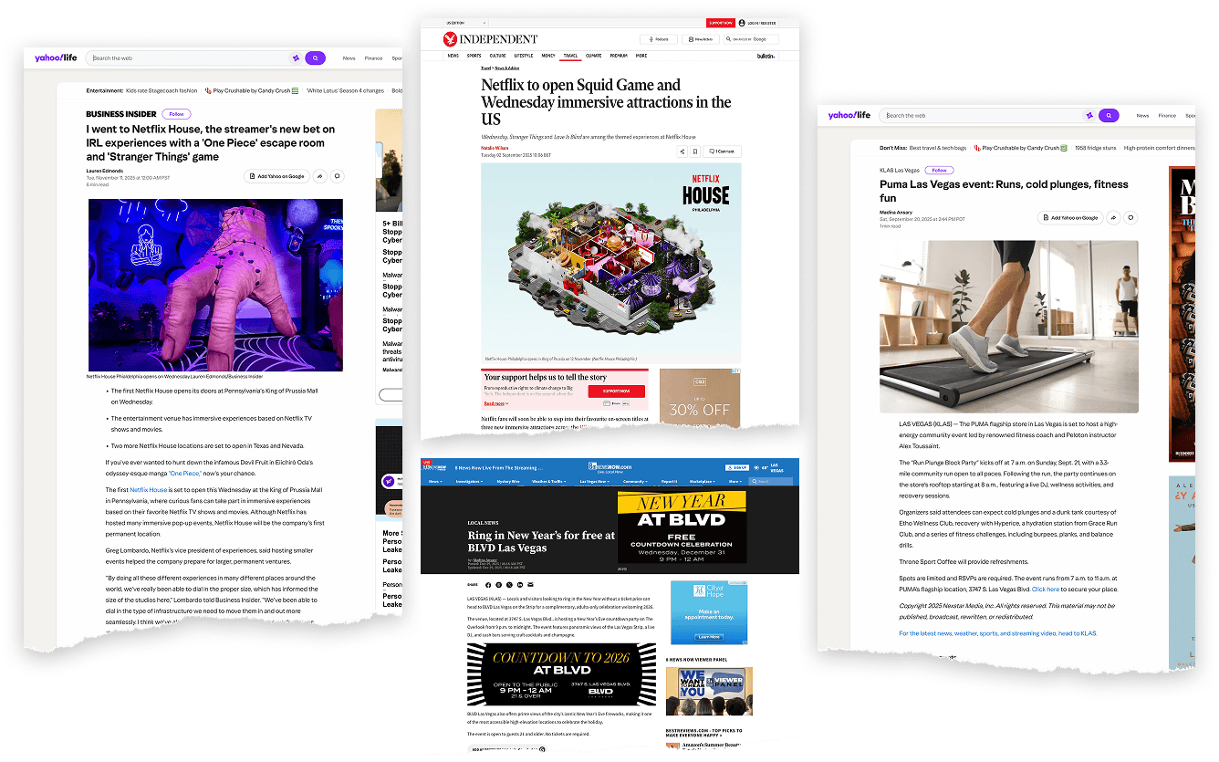 Collage of news articles about Netflix House, immersive attractions, fitness events, and running shoes.