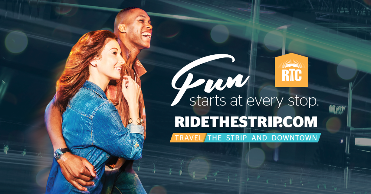 Smiling couple embraces in front of a city backdrop with text promoting ridethestrip.com public transit service.