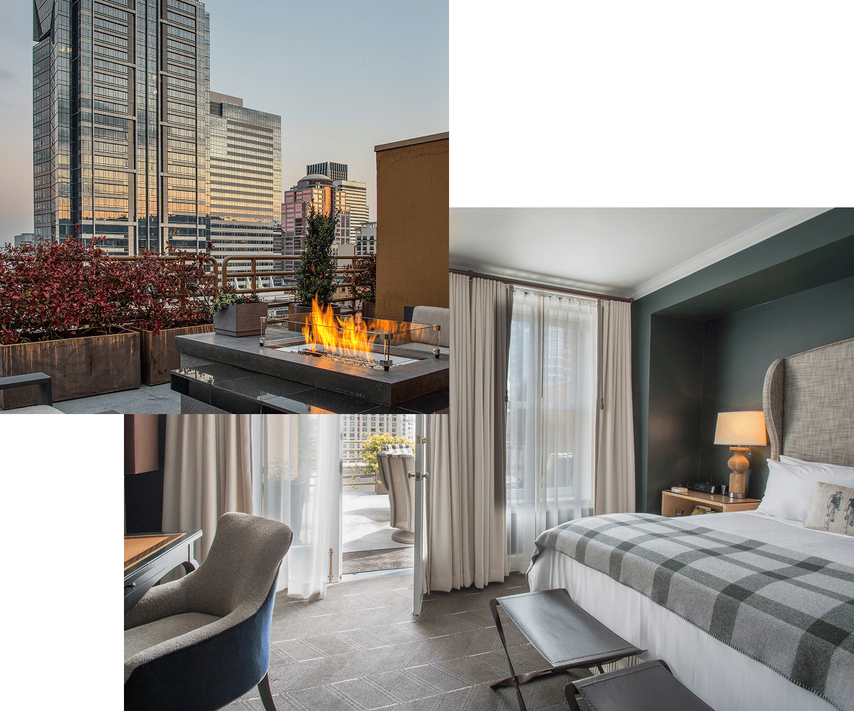 Collage of a city view patio with fire pit, a cozy hotel room, and a desk area with large windows.