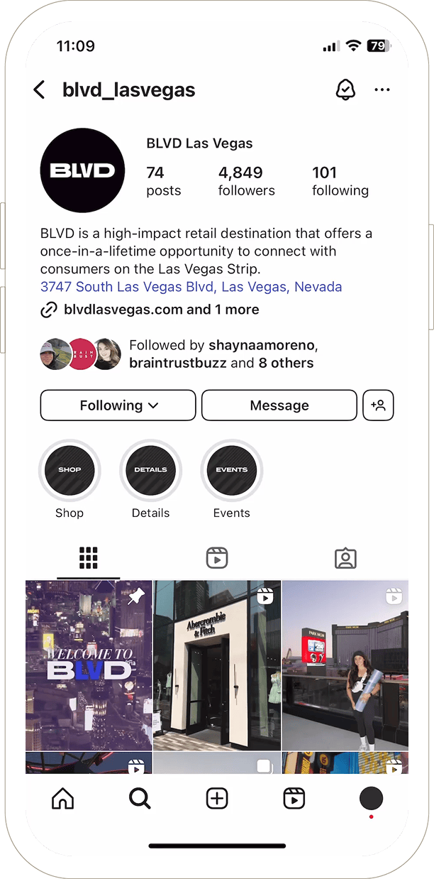 Instagram profile for BLVD Las Vegas, showing their logo, follower count, bio, and photo thumbnails below.