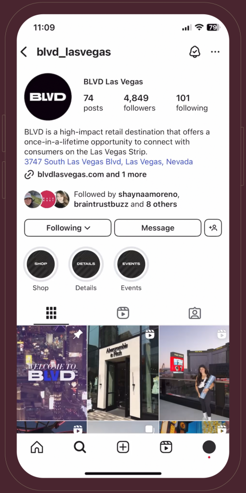 Instagram profile page of BLVD Las Vegas, showing posts, follower count, and profile description.