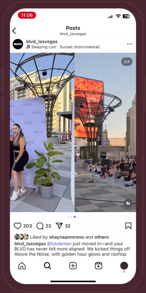 Two photos: people pose by a step-and-repeat and relax on a rooftop with city buildings in the background.