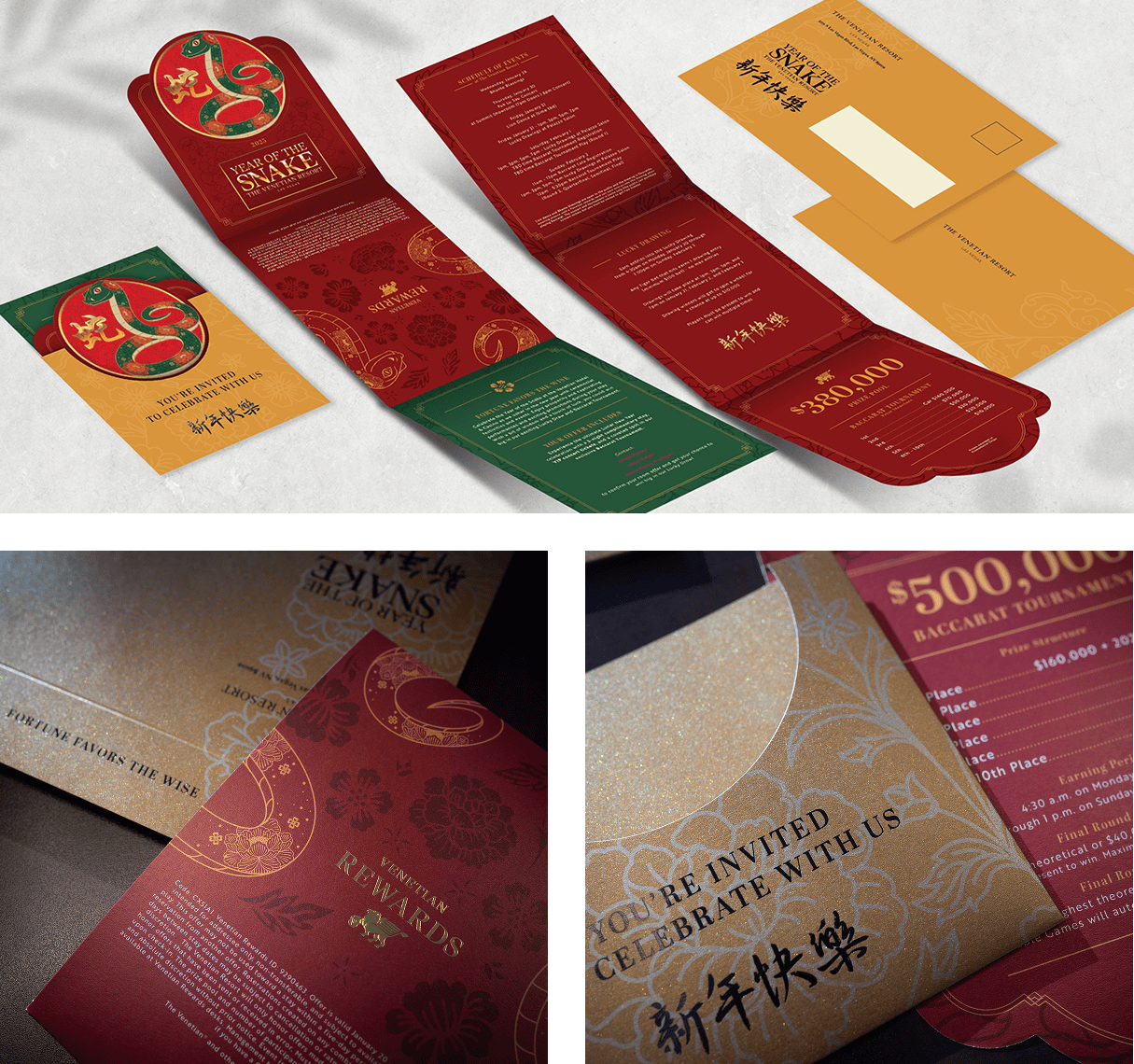 Red and gold Chinese New Year themed invitations and brochures with festive dragon and floral designs, flat lay.