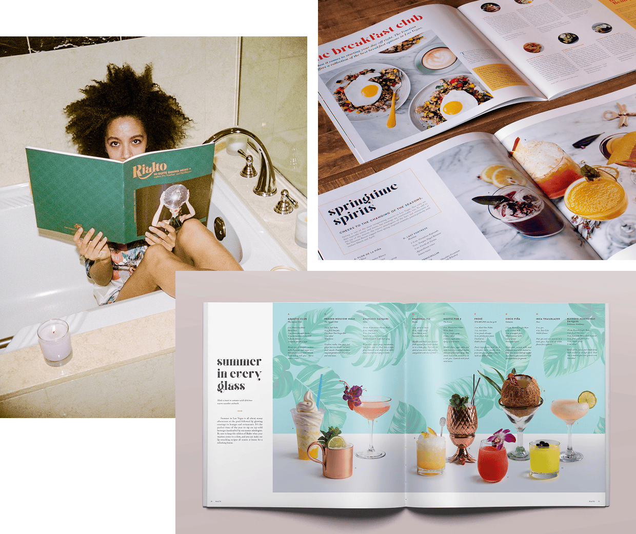 A woman reads a magazine in a bathtub; open magazines with food and drinks are also shown.