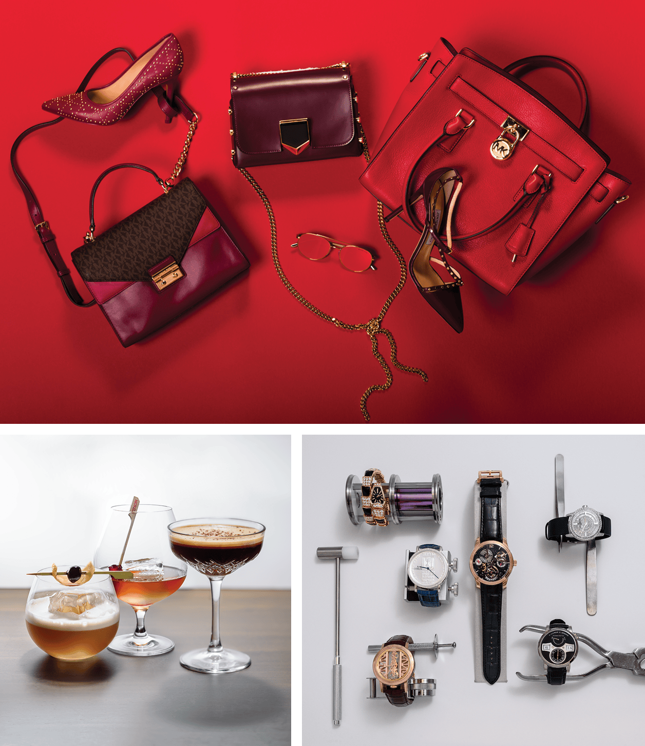 Red and burgundy handbags, heels, watches, and cocktails displayed on separate color-blocked backgrounds.
