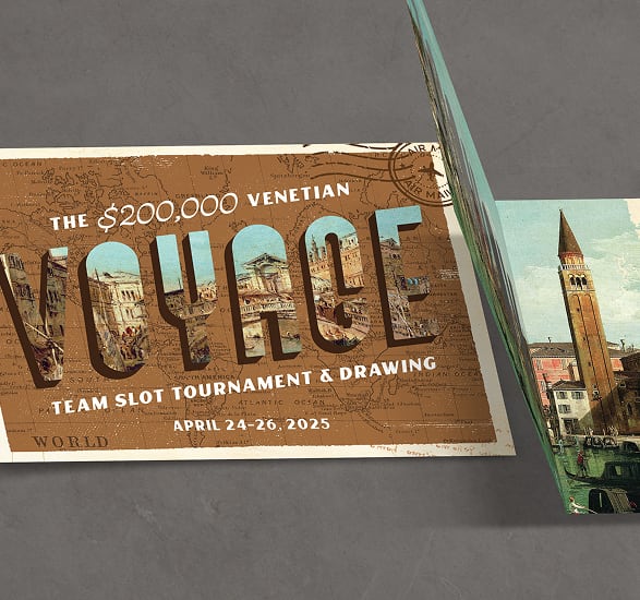 A postcard with $200,000 Venetian Voyage slot tournament details, partially open, on a gray surface.