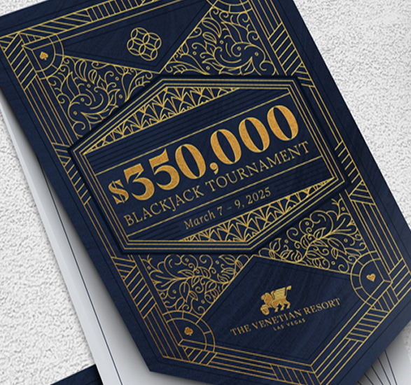 Dark blue and gold flyer advertising a $350,000 blackjack tournament at The Venetian Resort, March 7–9, 2025.