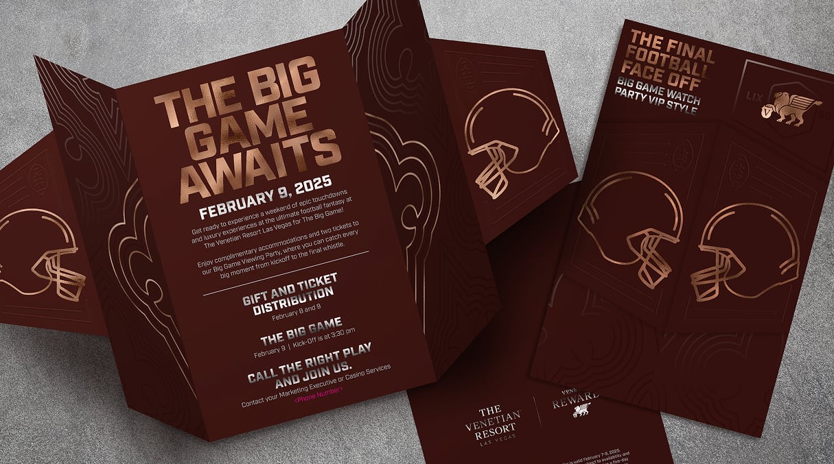 Brown and gold football-themed invitations for The Big Game on February 9, 2025, with helmet graphics.