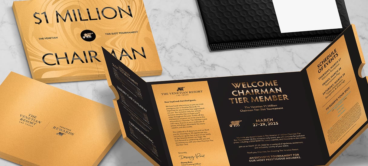 Gold and black VIP invitation materials for The Venetian Chairman Tier Slot Tournament, March 27-29, 2025.