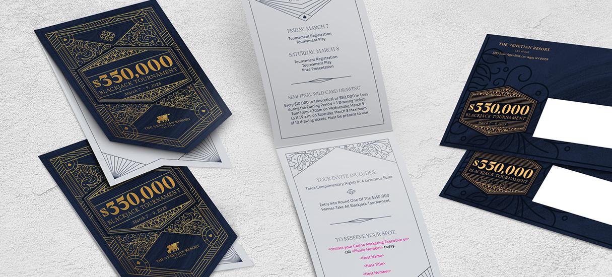 Elegant navy and gold blackjack tournament invitations with ornate designs, RSVP cards, and event details shown.
