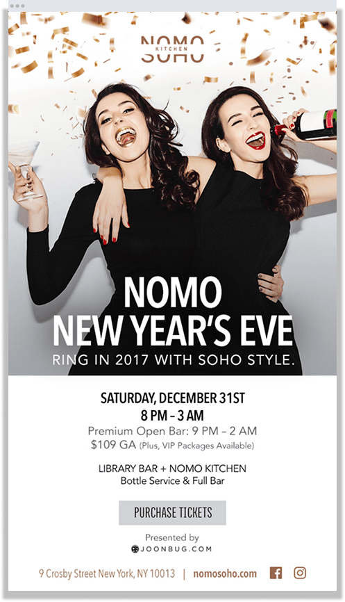 Two women celebrating with champagne on a New Year’s Eve party advertisement for NoMo Soho in New York.